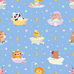 Animal bath seamless pattern. Funny animals with bubbles, washing time. Cute capybara, hippo, duck, sloth and panda. Fabric print template, nowaday vector background