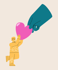 Support concept. Big hand gives heart to boy. Colorful vector illustration