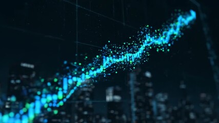 Abstract digital data visualization showing a glowing blue and green upward trend line with blurred city lights in the background, representing financial growth and technological progress. - Powered by Adobe