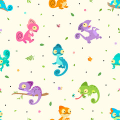 Chameleon seamless pattern. Crazy chameleons characters different poses, colorful cartoon salamanders or lizards. Bright print for textile, nowaday vector background