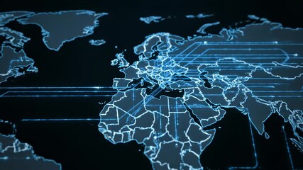 A glowing blue digital world map with circuit-like connections highlighting Europe and Africa, representing global technology and data networks. - Powered by Adobe