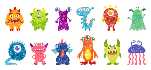 Pencil drawing monster. Funny crayon monsters, children drawn aliens. Bright fantasy characters with eyes, wings, liquid body, neoteric hand drawn vector set