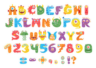 Kids monster letters. Chalk drawing numbers, letter and marks. Crayon or pencil children style drawn. Kids abc for childish poster, banners design, neoteric vector set