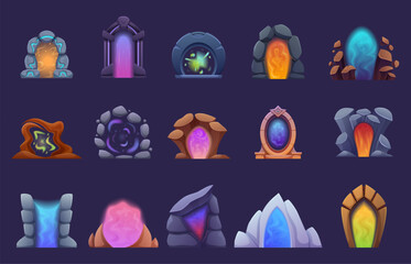Cartoon magic gates. Futuristic entrances with shining plasma, glowing portals in stone frames and arches. Different computer game elements, sapid vector set
