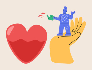 Girl fills heart with liquid. Colorful vector illustration