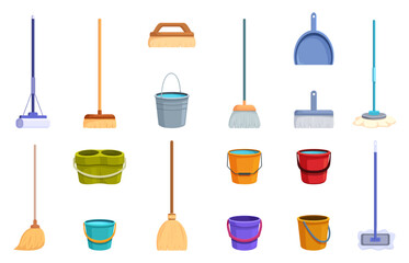 Cleaning elements. Cartoon buckets and brooms, dustpan for dust. Household, garden tools. Clean service equipment, broom, bucket, sapid vector set