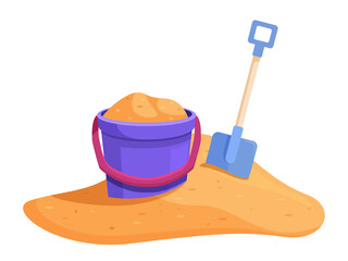 Beach bucket. Children play with sand equipment, toy shovel and plastic container. Outdoor kids activity in sandbox, vacations, sapid vector concept
