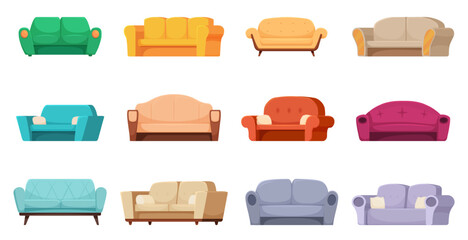 Interior soft sofa. Cartoon sofas, isolated vibrant furniture for living room, office, hotel hall, waiting area in bank. Apartment couches, sapid vector set