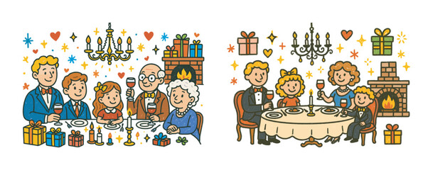 Festive family gatherings with caucasian adults and kids celebrating around cozy hearth