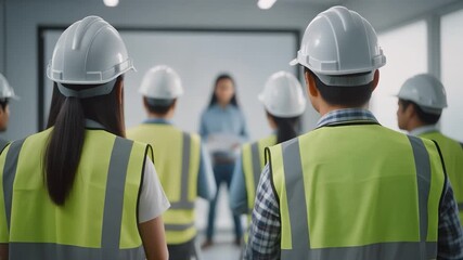 Construction workers attending a safety briefing on site, workplace footage emphasizing training and accident prevention.