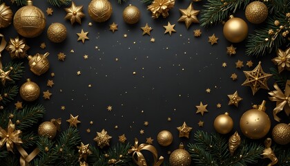 Christmas composition of golden Christmas toys and decorative elements on elegant black background festive holiday