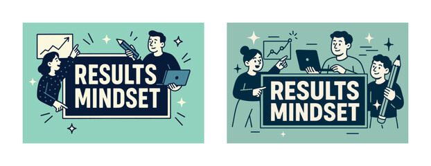 Results mindset poster with male and female characters analyzing graphs