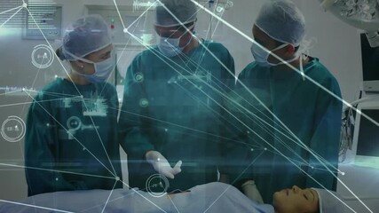 Performing surgery, medical professionals with network connections and data processing animation - Powered by Adobe