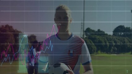 Holding ball with financial data graph overlay, soccer player on field - Powered by Adobe