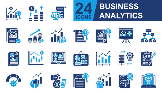 Business Analytics Icons set vector illustration. Containing Data Insight, Profit Growth, Balance Sheet, Demand, Financial Metric and more. Simple solid icons collection.