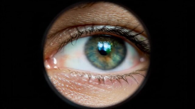 Close up human eye looking through hole with biometric concept