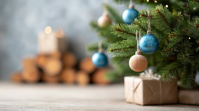 Christmas fir tree decorated with blue and wooden baubles and craft paper gifts on a table. A cozy holiday background with a pile of firewood and warm lights creating a festive atmosphere