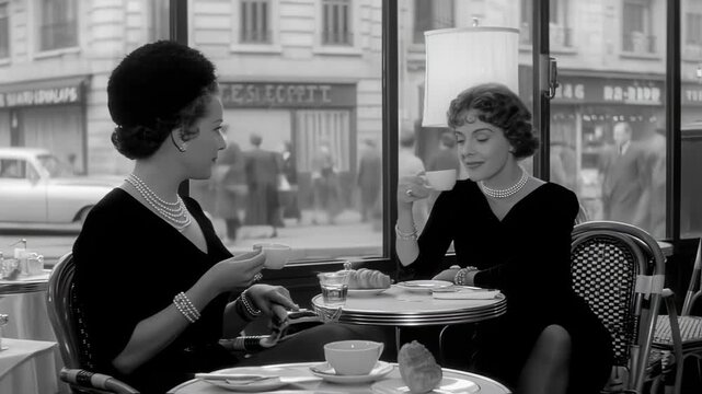 Elegant women conversing over coffee at a Parisian cafe, vintage black and white footage