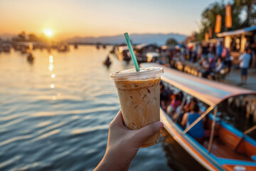 Obraz premium Hand holding a plastic cup of iced Thai milk tea at a riverside market during sunset.