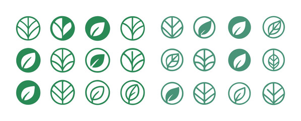 Collection of green leaf icons in various circular designs