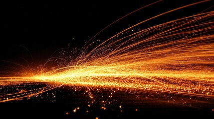 metallurgy. Dynamic orange and yellow industrial light patterns against a dark background, creating a high-energy atmosphere. safety posters.