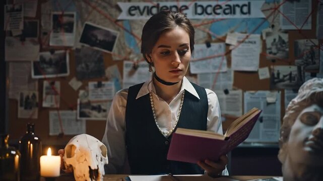 Young woman intensely studies a book in a dimly lit room filled with case files and evidence boards, suggesting a mystery or investigation