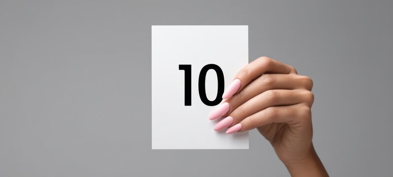 The card with the number ten held by a manicured female hand