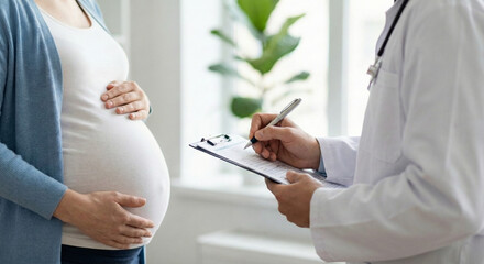 Doctor Writing Medical Prescription on Clipboard Beside Pregnant Woman