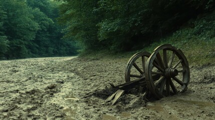 A broken wooden cart with splintered wheels rests abandoned on a muddy, overgrown path in a dark forest