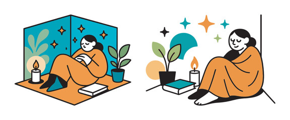 Fototapeta premium Peaceful woman reading with plants and candle in cozy corner