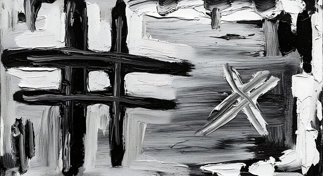 Abstract Black and White Painted Crosses Art.