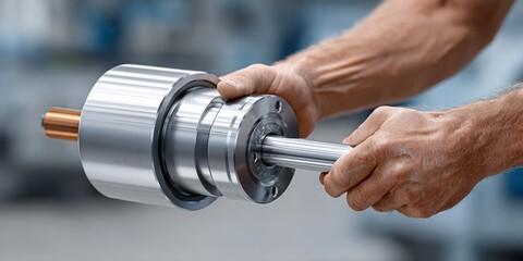 Fototapeta premium Close-Up of Mechanical Component in Hand Amid Photorealistic Industrial Background