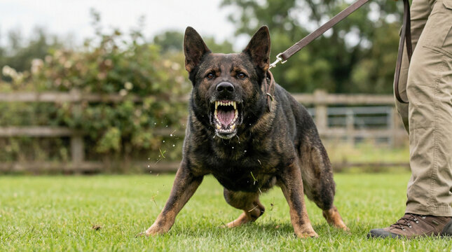 Aggressive German Shepherd dog on a leash baring its teeth and growling fiercely