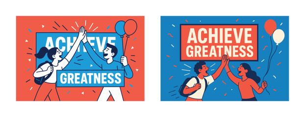 Young diverse adults celebrating achievement with high fives and balloons