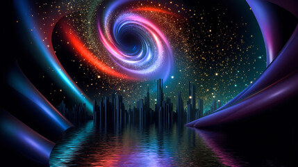 A futuristic city in the middle of a dark space with a spiral vortex