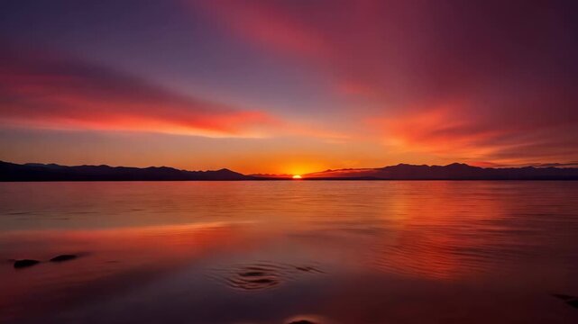 Crimson Horizon: As the day surrenders to the embrace of twilight, a breathtaking sunset casts an enchanting spell across a serene lake.