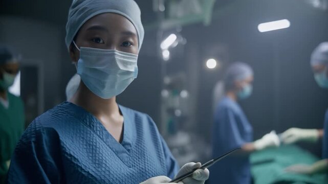 Surgeon holding a scalpel in a sterile operating room, healthcare footage highlighting precision and medical procedures.