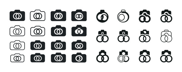 Camera and wedding ring icons in various styles - black and white design