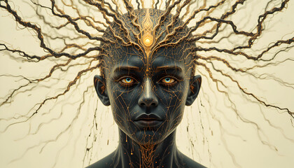 Surreal portrait of a person with neural network patterns on their face and head