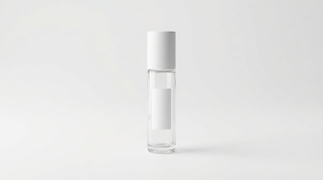 Minimalist roll on bottle mockup with blank label on white background