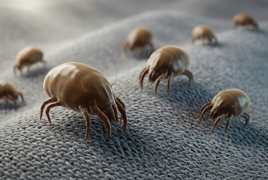 Microscopic dust mites crawling on fabric fibers, a close-up 3D render