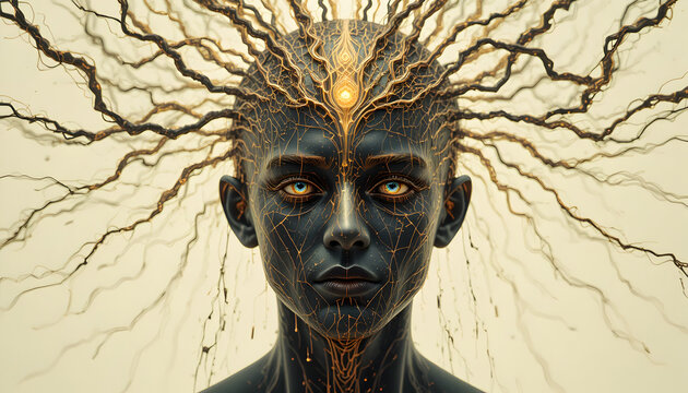 Surreal portrait of a person with neural network patterns on their face and head - Powered by Adobe