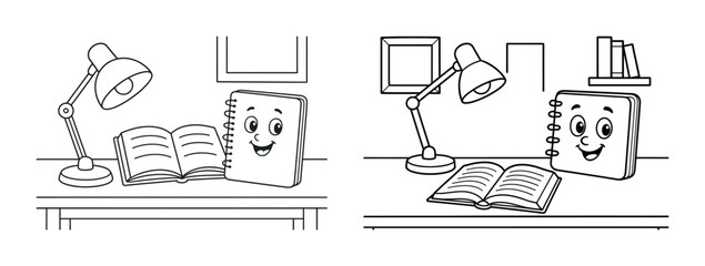 Fototapeta premium Cartoon desk scene with smiling notebook and lamp