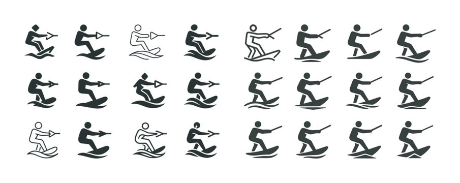 Silhouette icons of people wakeboarding in various poses