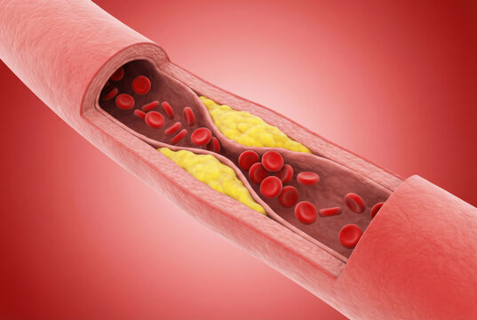 Close-up 3D render of a clogged artery with fatty plaque buildup and red blood cells