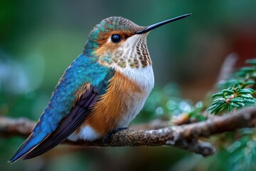 Obraz premium Hummingbird Perched on Branch in Green Forest