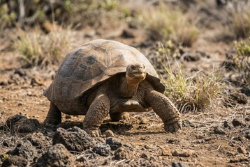 Fototapeta premium Giant Galapagos tortoise slowly walking across rocky, arid terrain in natural sunlight