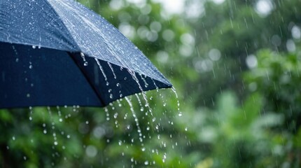 Close-up of water droplets falling from a dark blue umbrella during a rain shower