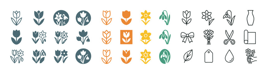 Fototapeta premium Variety of floral icons featuring tulips and daffodils in multiple styles and colors