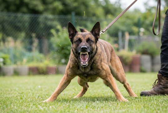 Aggressive Belgian Malinois dog snarling and showing teeth on a leash outdoors